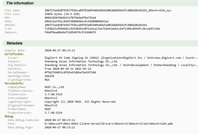 Informations PE et signature